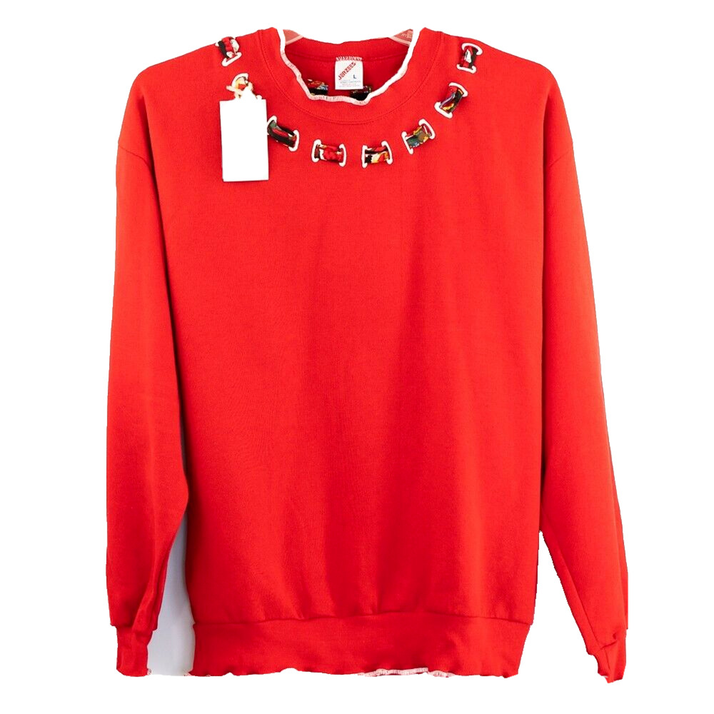 Jerzees Sweater Women's Large Red Christmas Attached Santa Print Scarf Top NEW